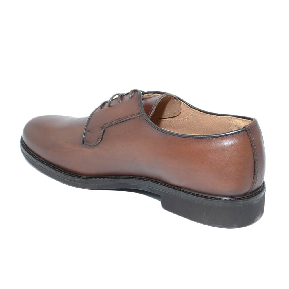 Scarpe Uomo Stringata Cognac Liscia Vera Pelle Nappa Spazzolata A Mano