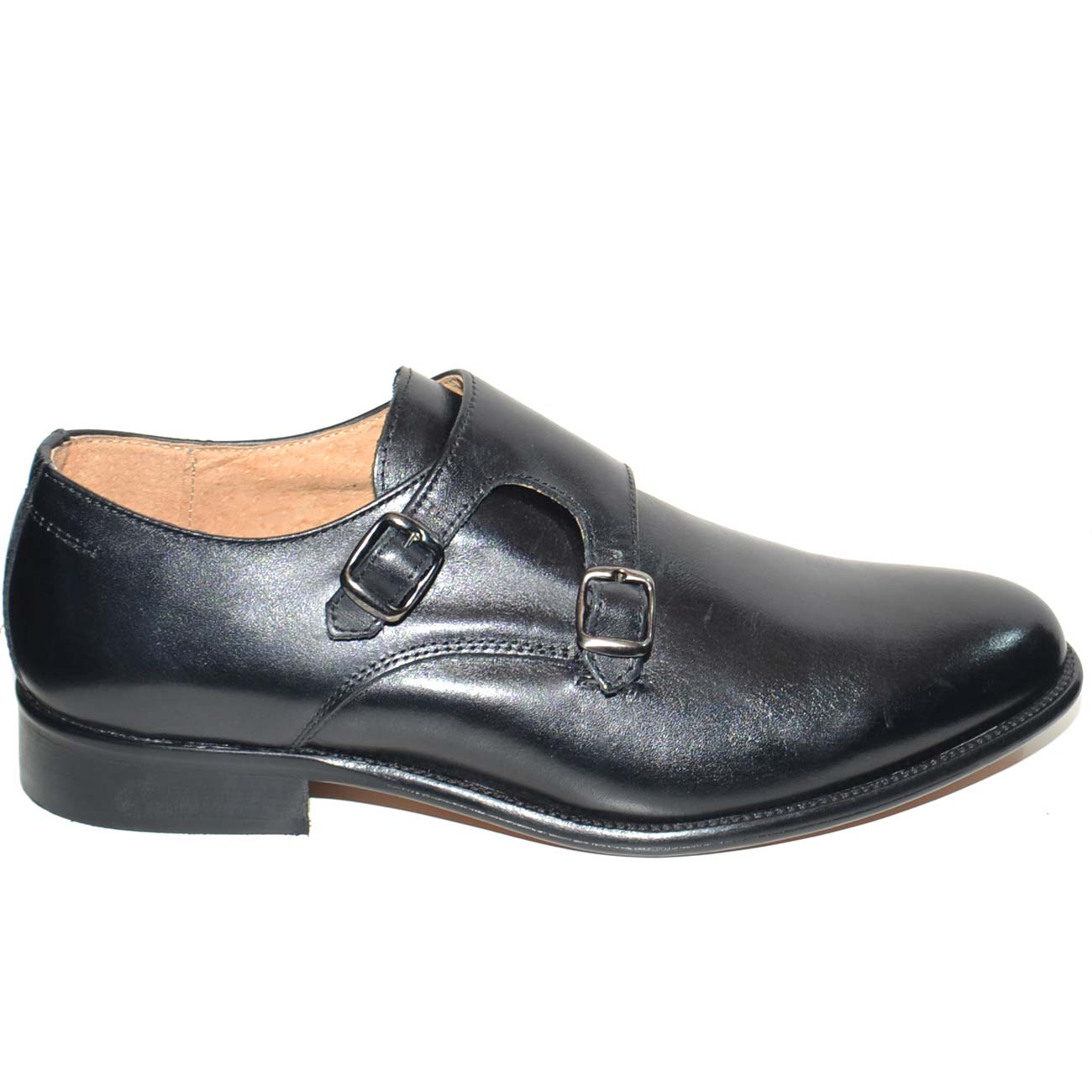 SCARPE UOMO CLASSICO DOPPIA FIBBIA IN VERA PELLE CRUST NERO MORBIDA FONDO IN CUOIO CON PIANTINA ANTISCIVOLO MODA UOMO