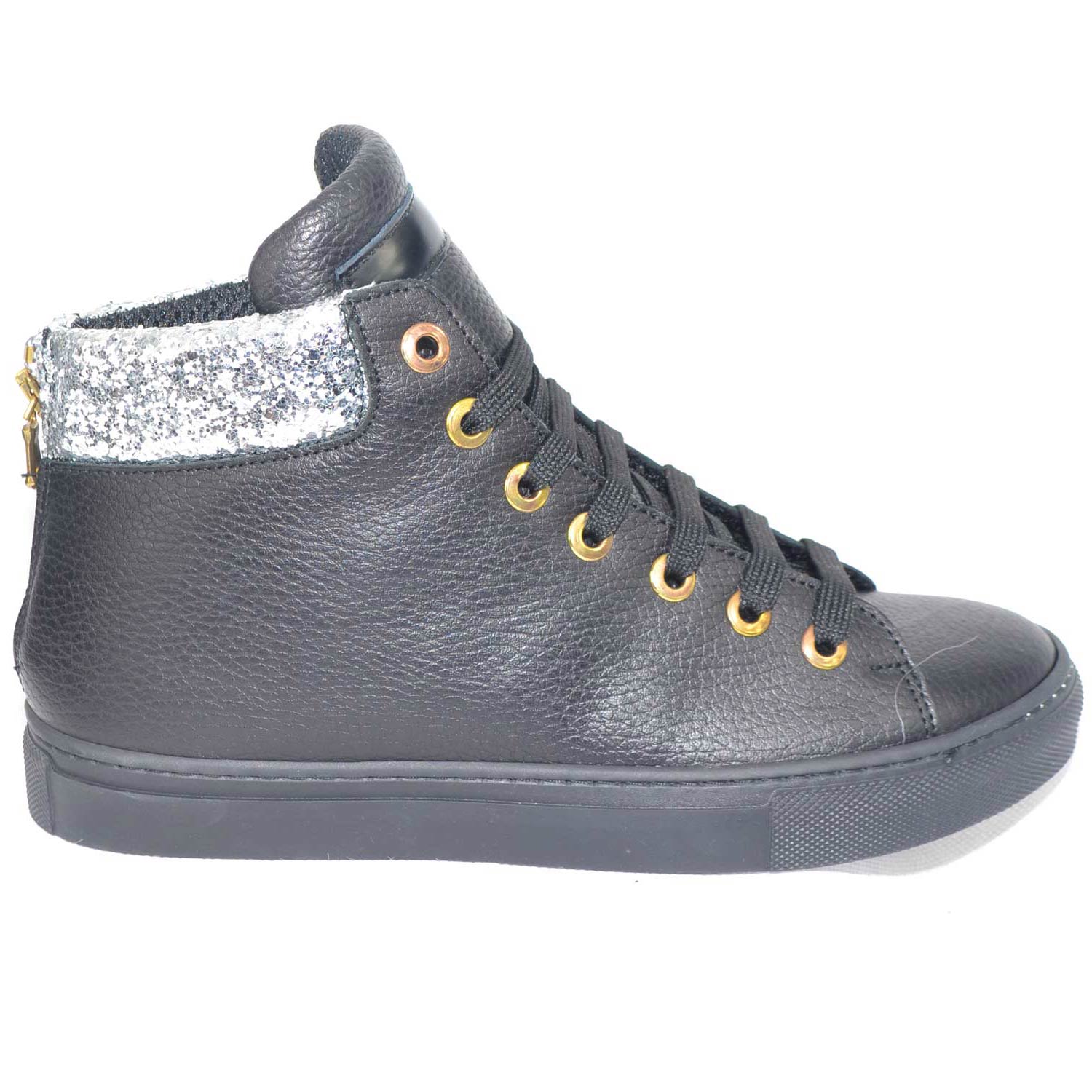 Sneakers altascarpe donna in vera pelle bortolata nera con inserto glitter argento e zip dorata.