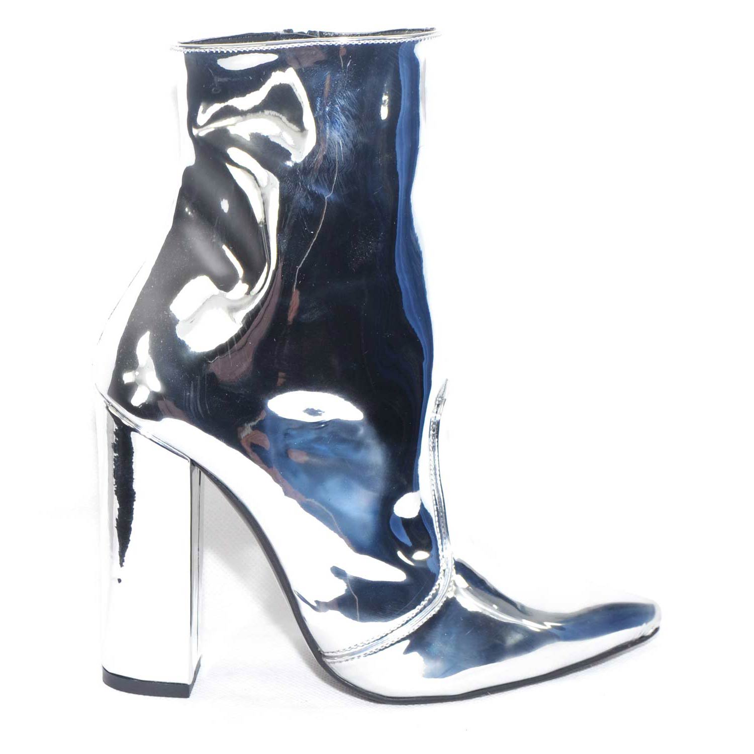 SCARPE DONNA TRONCHETTO PUNTA SPECCHIATO ARGENTO MADE IN ITALY GLAMOUR MODA TACCO LARGO .