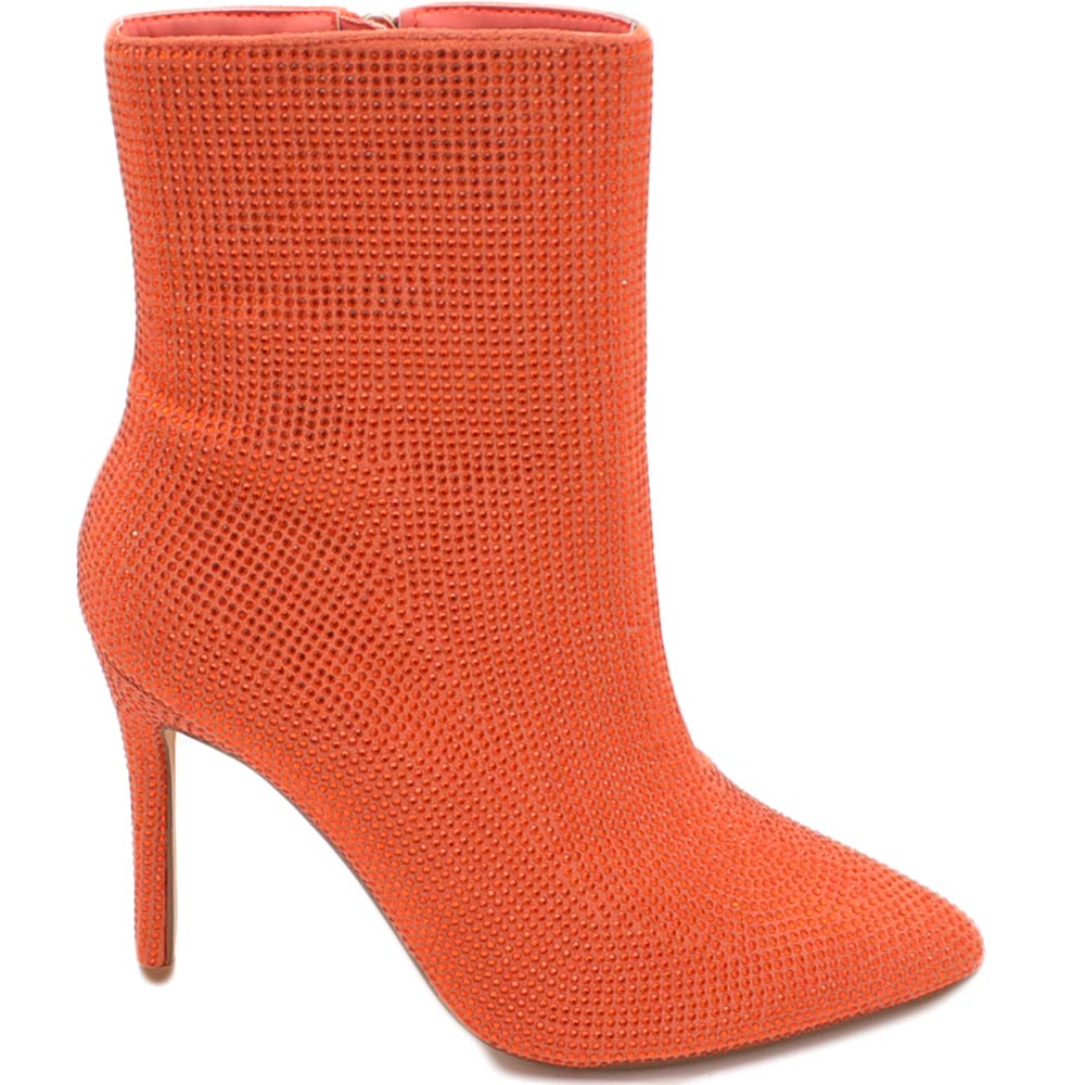 Scarpa tronchetto mezzo stivaletto donna a punta arancione con tacco 12 luccicante con strass zip elegante.