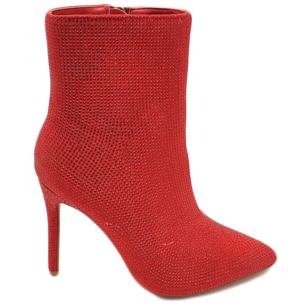 Scarpa tronchetto mezzo stivaletto donna a punta rosso con tacco 12 luccicante con strass zip elegante.