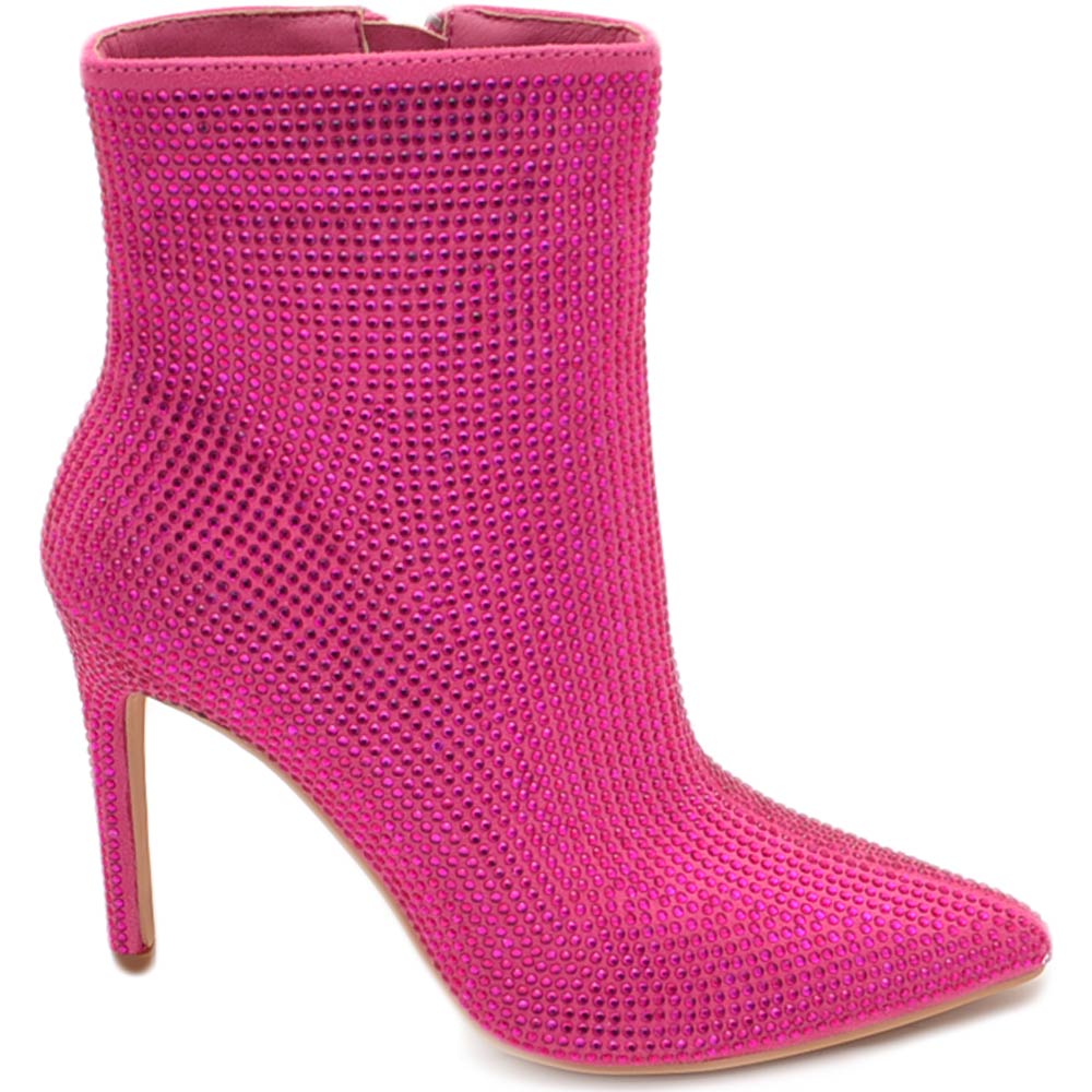 Scarpa tronchetto mezzo stivaletto donna a punta fucsia con tacco 12 luccicante con strass zip elegante