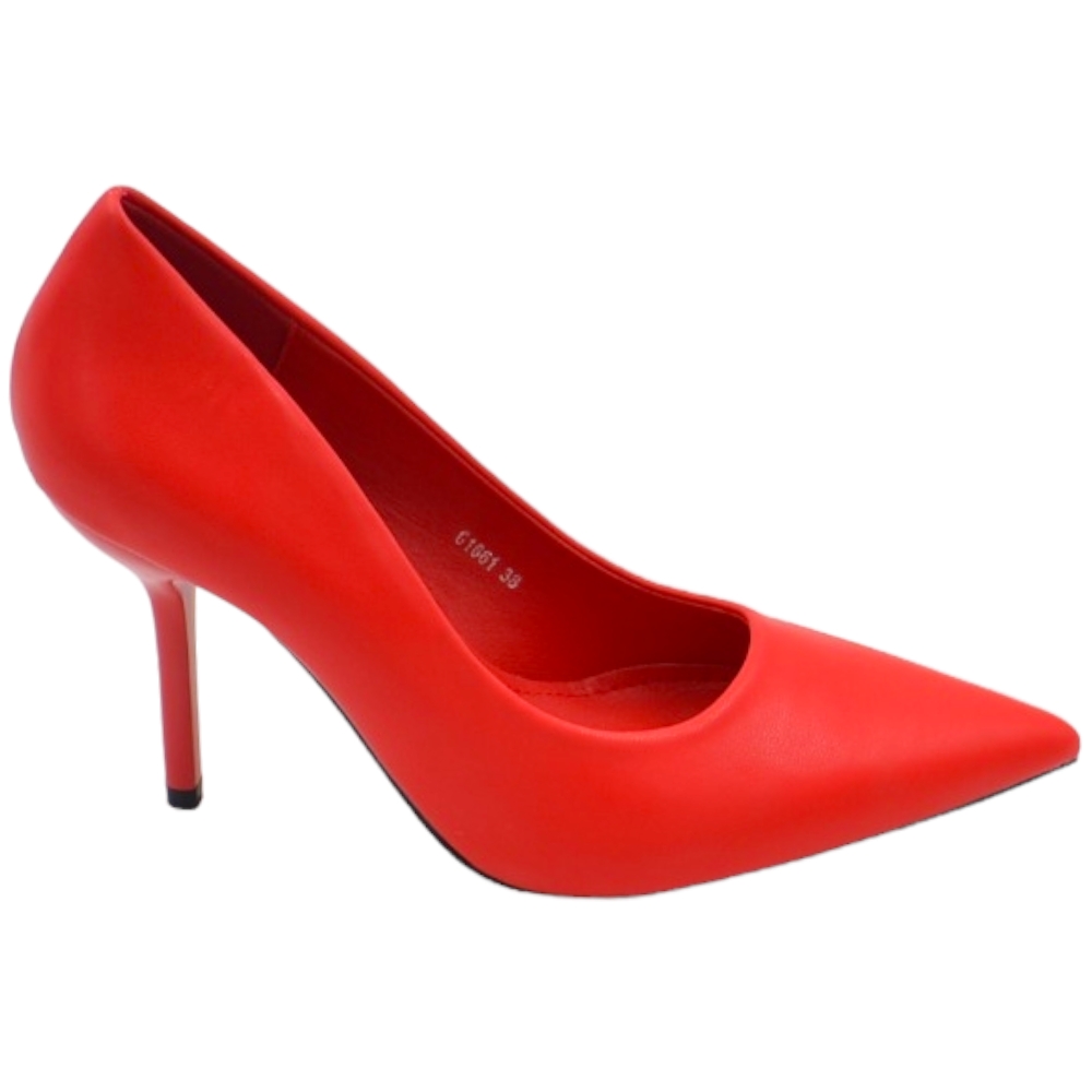 Decollete' scarpa donna a punta in pelle rosso vivo con tacco spillo 12 cm linea basic glamour.