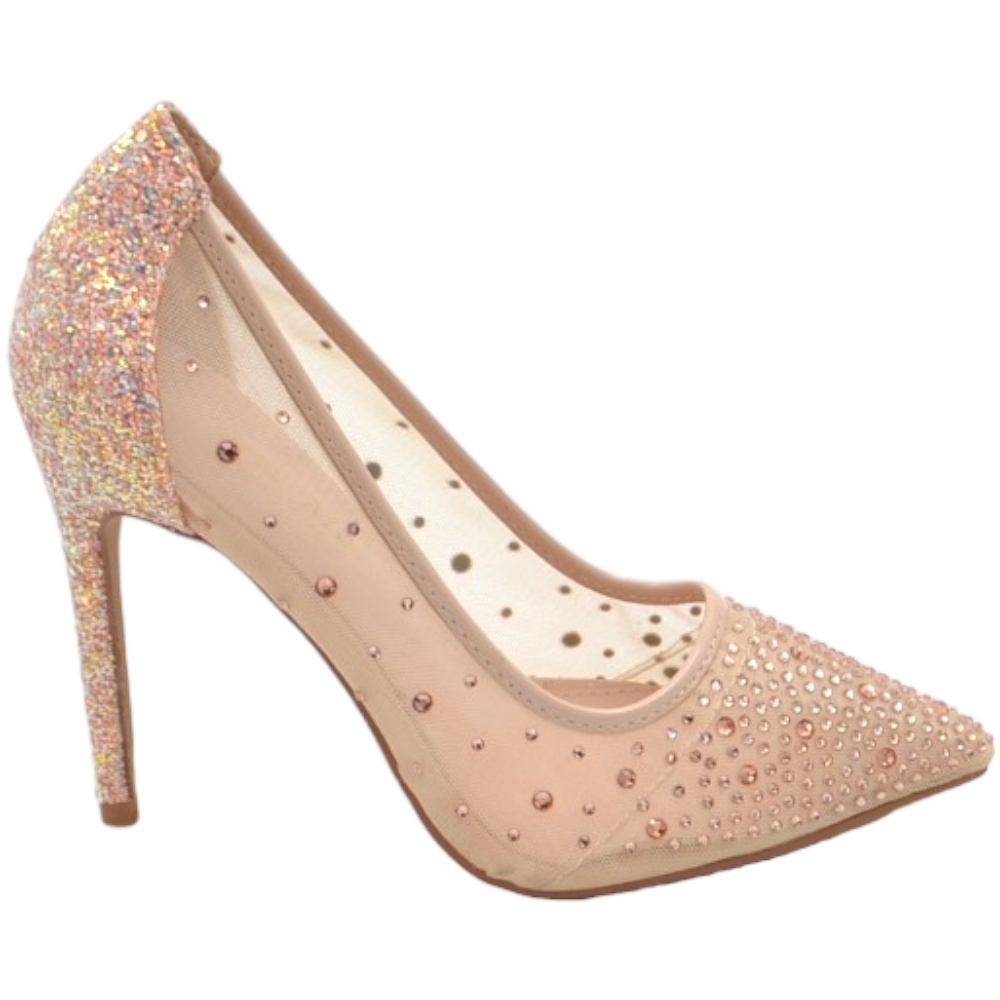 Decollete scarpa donna elegante oro rosa con trasparenze e brillantini tono su tono tacco a spillo 12 evento glamour.
