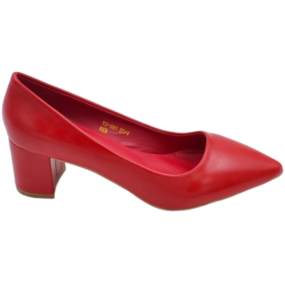 Decollete' scarpa donna basso a punta in pelle rosso intenso con tacco quadrato 4 cm linea basic