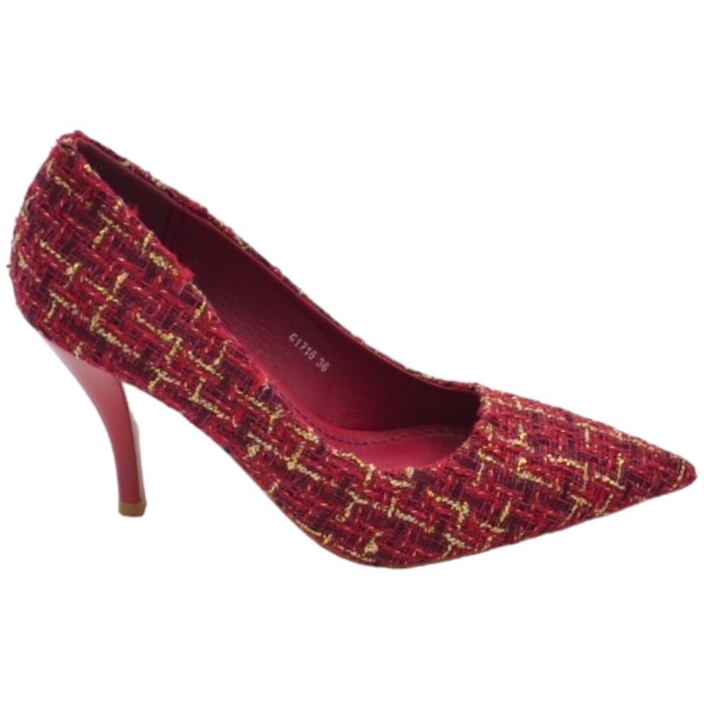 Decollete scarpa donna a punta in tessuto tartan rosso bianco e nero con tacco cono 10 cm moda