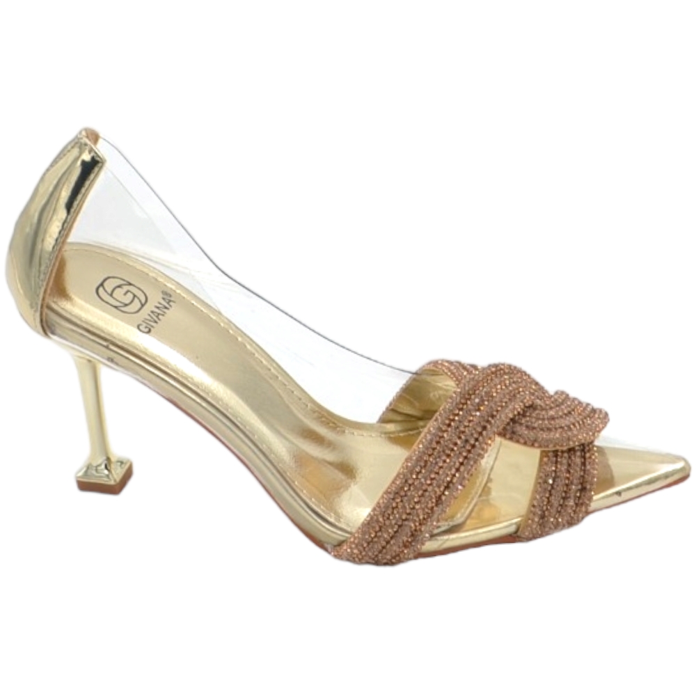 Decollete scarpa donna a punta trasparente con nodo oro gioiello brillantino tacco martini 10 elegante evento glam