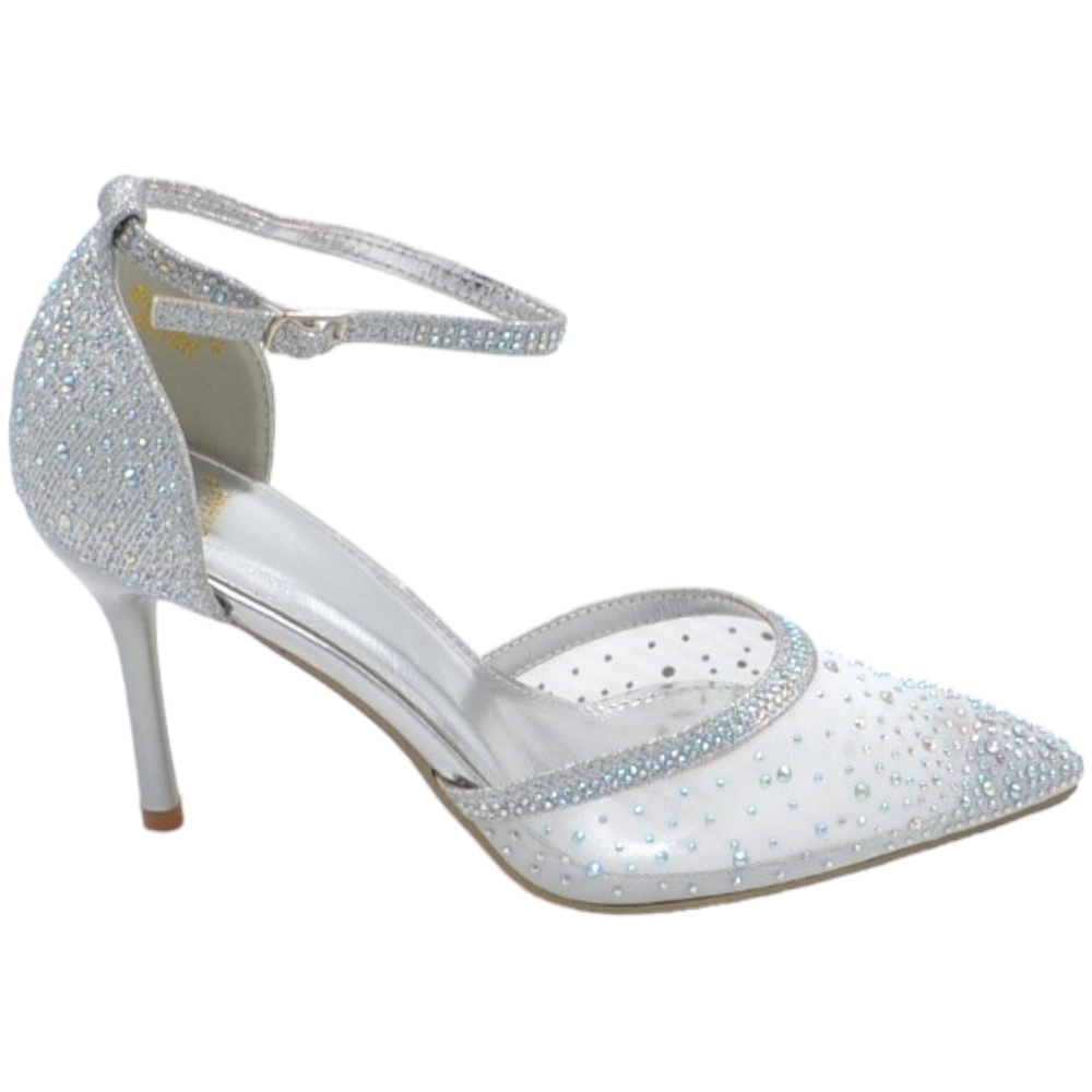 Scarpe decollete donna elegante punta in tessuto argento trasparente tacco 10 cm cinturino alla caviglia strass glitter.