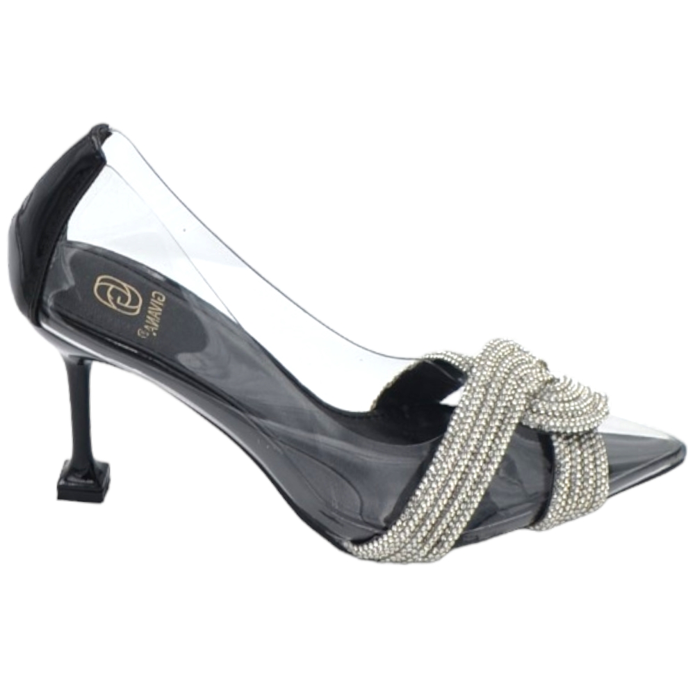 Decollete scarpa donna a punta nero trasparente con nodo argento gioiello brillantino tacco martini 10 elegante evento