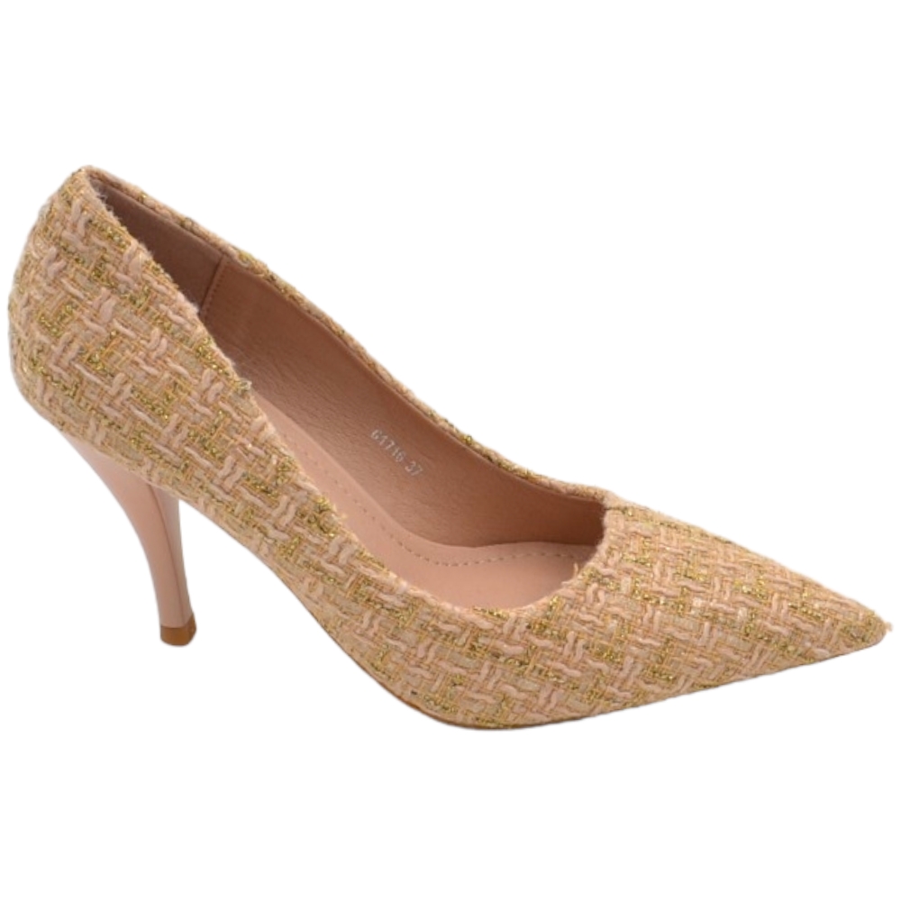 Decollete scarpa donna a punta in tessuto tartan beige bianco e oro con tacco cono 10 cm moda.