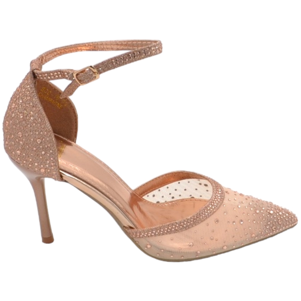 Scarpe decollete donna elegante punta tessuto champagne trasparente tacco 10 cm cinturino alla caviglia strass glitter