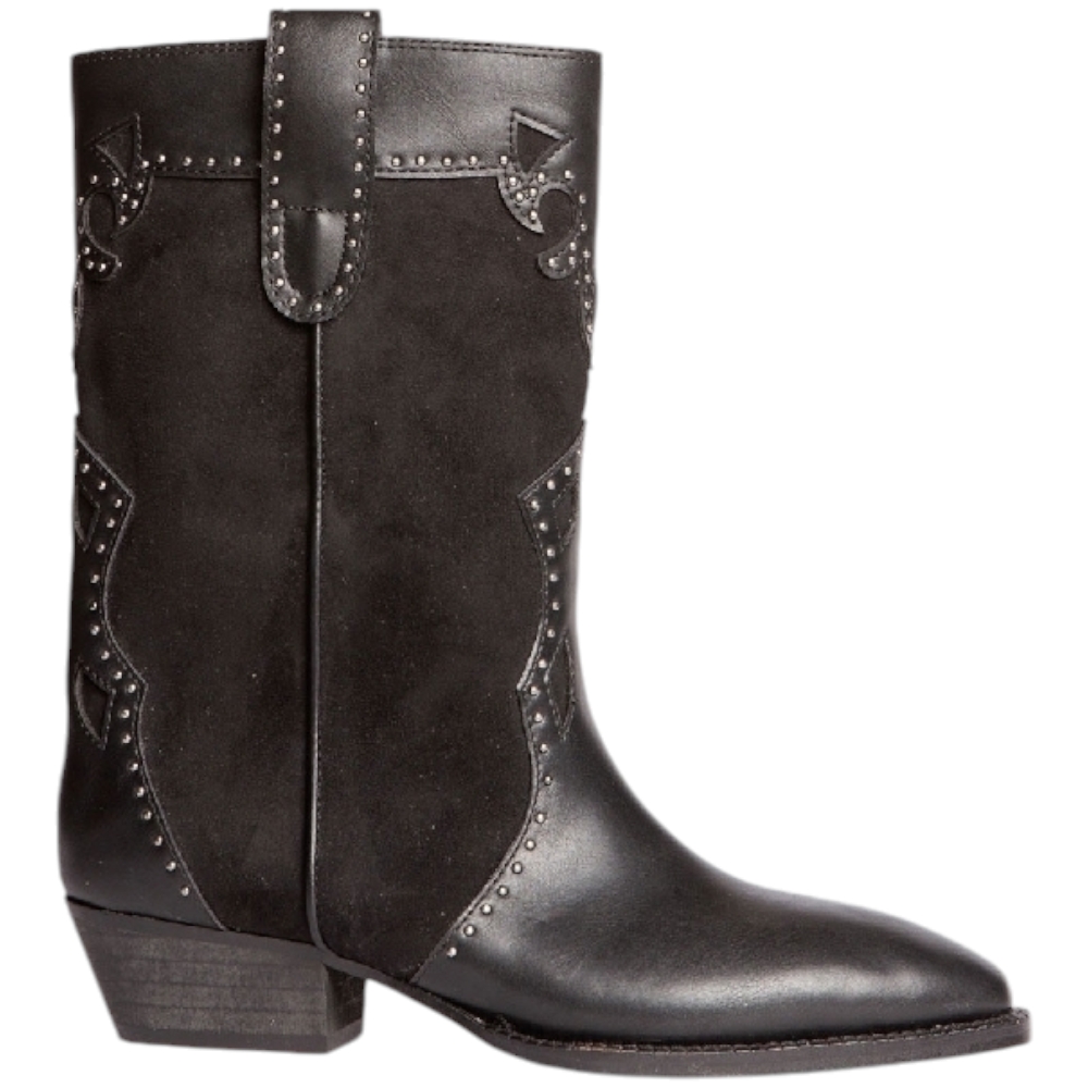 Stivali donna Western Corina M4632 in pelle e camoscio nero con borchie tacco western 6 cm zip meta' polpaccio basic.