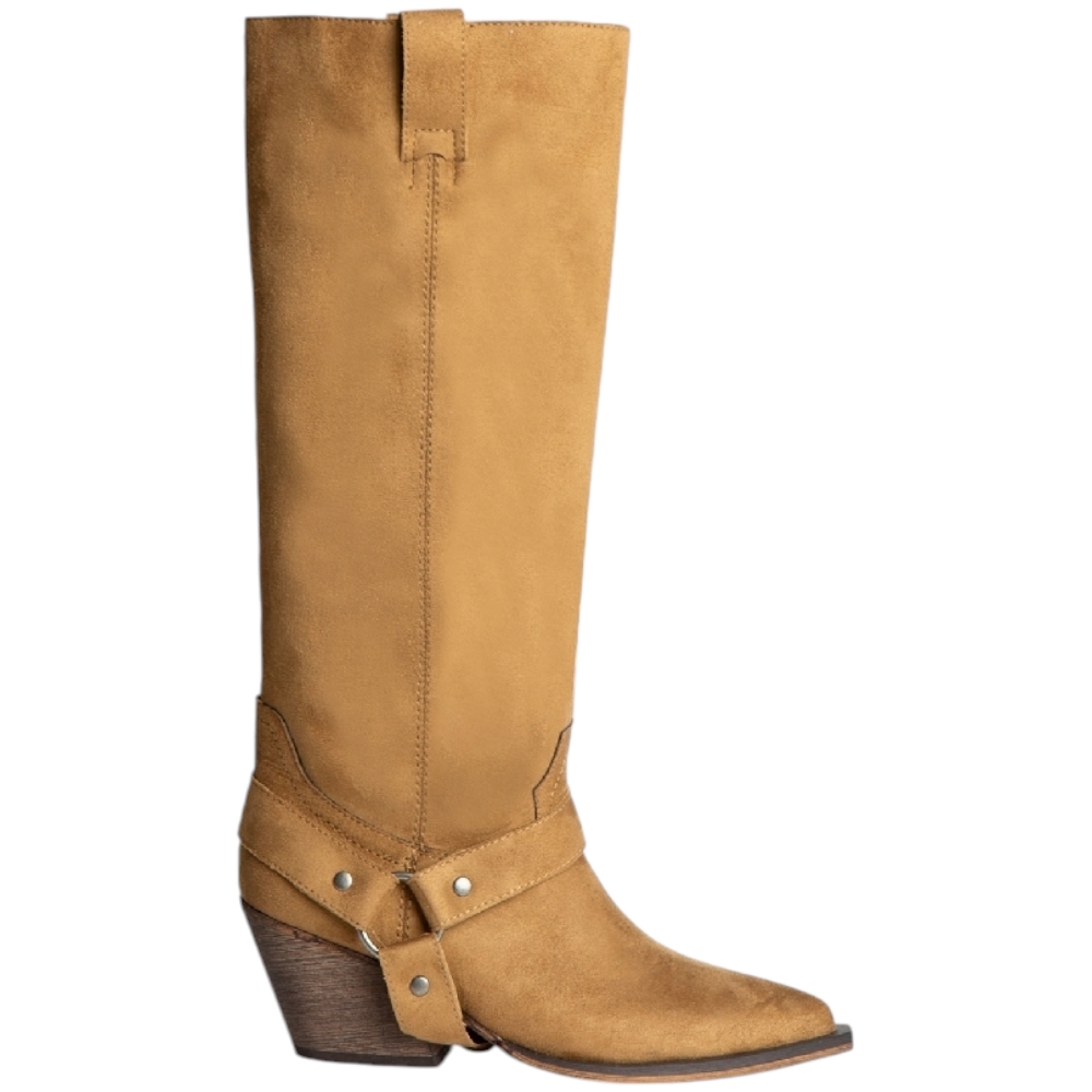 Stivale corina m4721 texano a punta in camoscio camel con gambale dritto e fibbia cowboy .