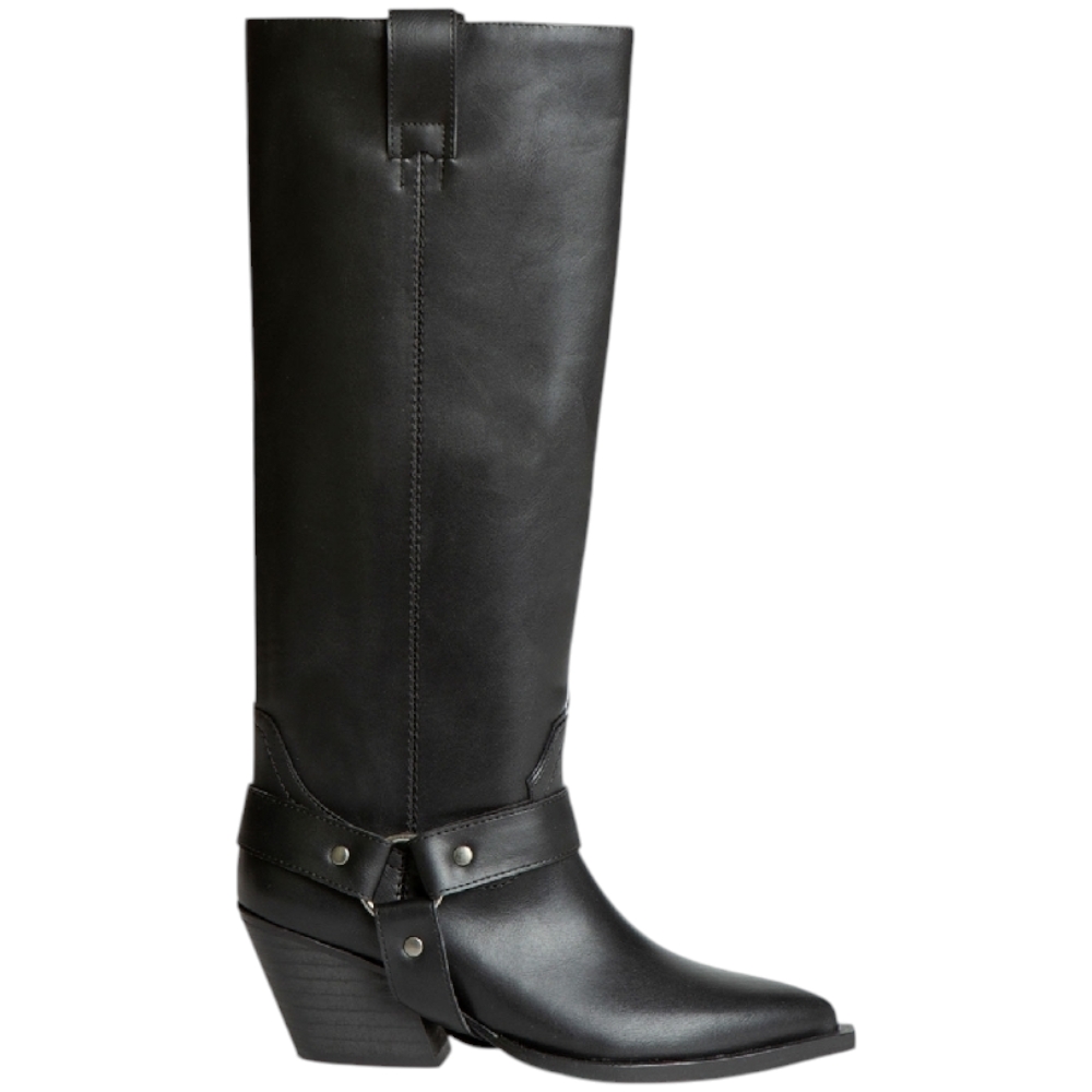 Stivale Corina M4721 texano a punta in pelle nero con gambale dritto e fibbia cowboy .