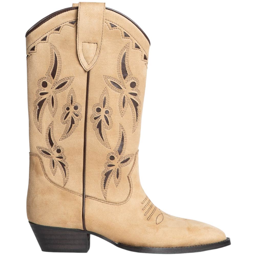 Stivali donna western corina m4751 in camoscio bicolore beige e marrone tacco western 3,5 cm zip meta' polpaccio basic	