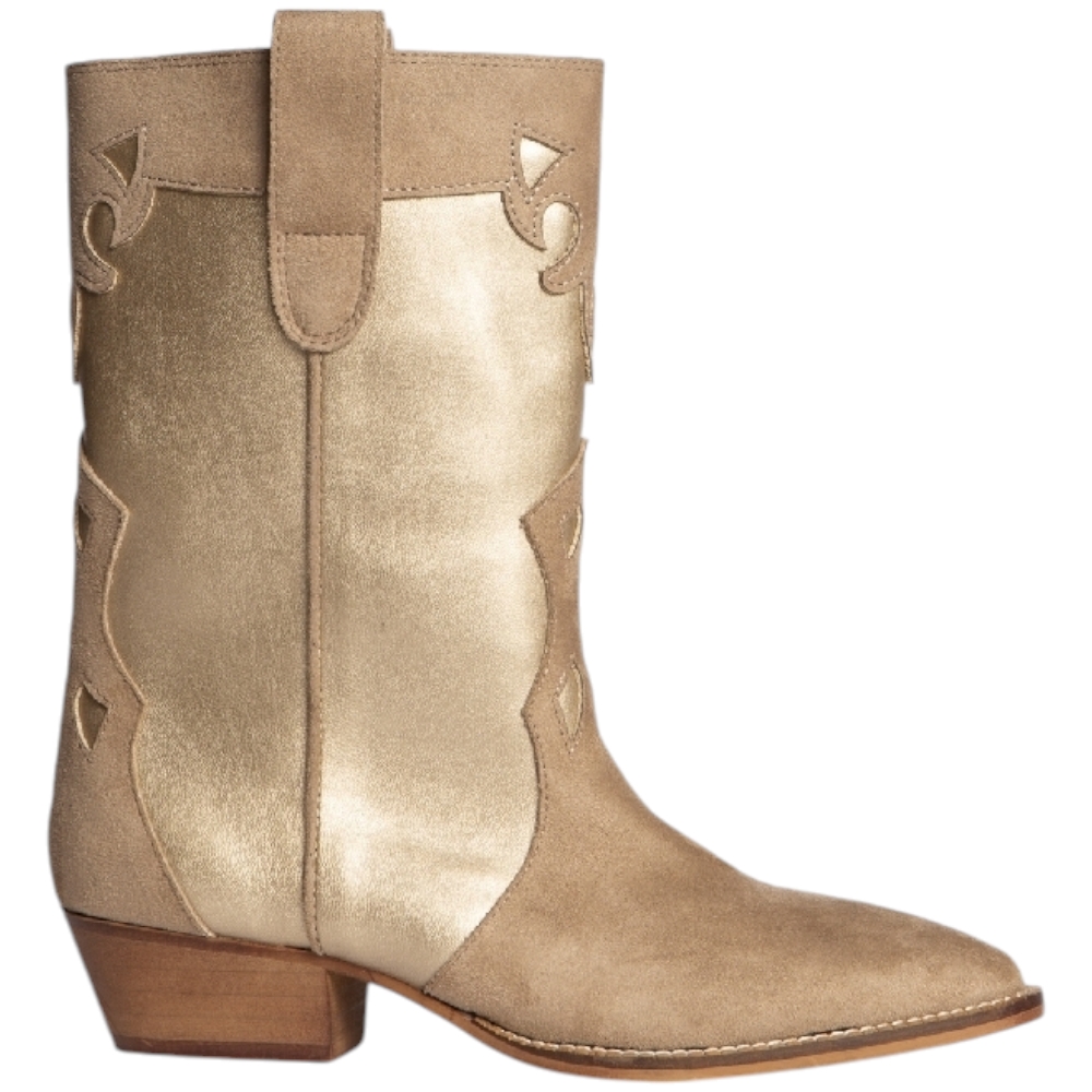 Stivali donna Western Corina M4632 in pelle e camoscio bicolore beige e oro tacco western 6cm zip meta' polpaccio basic