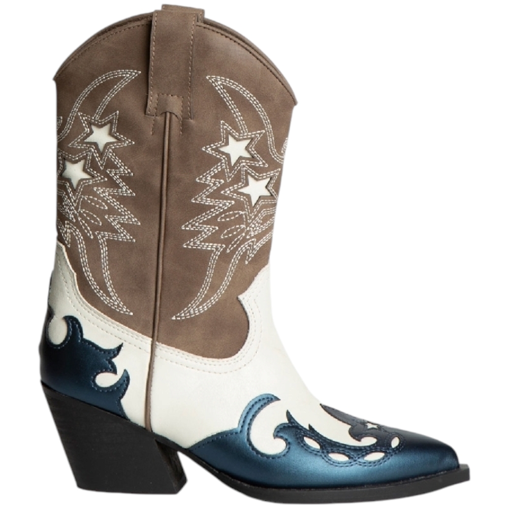 Stivali donna western Corina M4790 camperos tricolore beige bianco e blu altezza meta' polpaccio tacco texano 6cm zip .