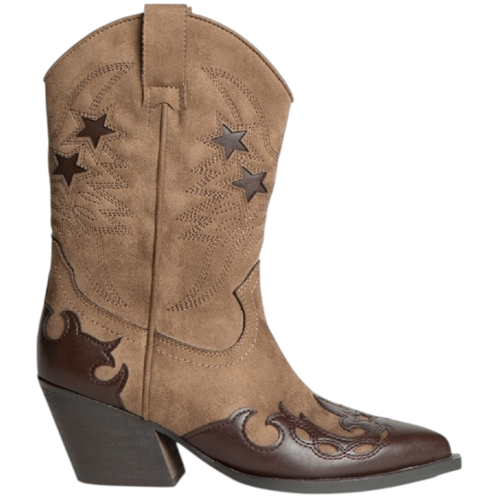 Stivali donna western Corina M4790 camperos bicolore beige e marrone altezza meta' polpaccio tacco texano 6 cm con zip .