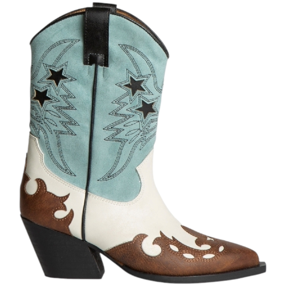 Stivali donna western Corina M4790 camperos tricolore cuoio bianco e verde altezza meta' polpaccio tacco texano 6cm zip 