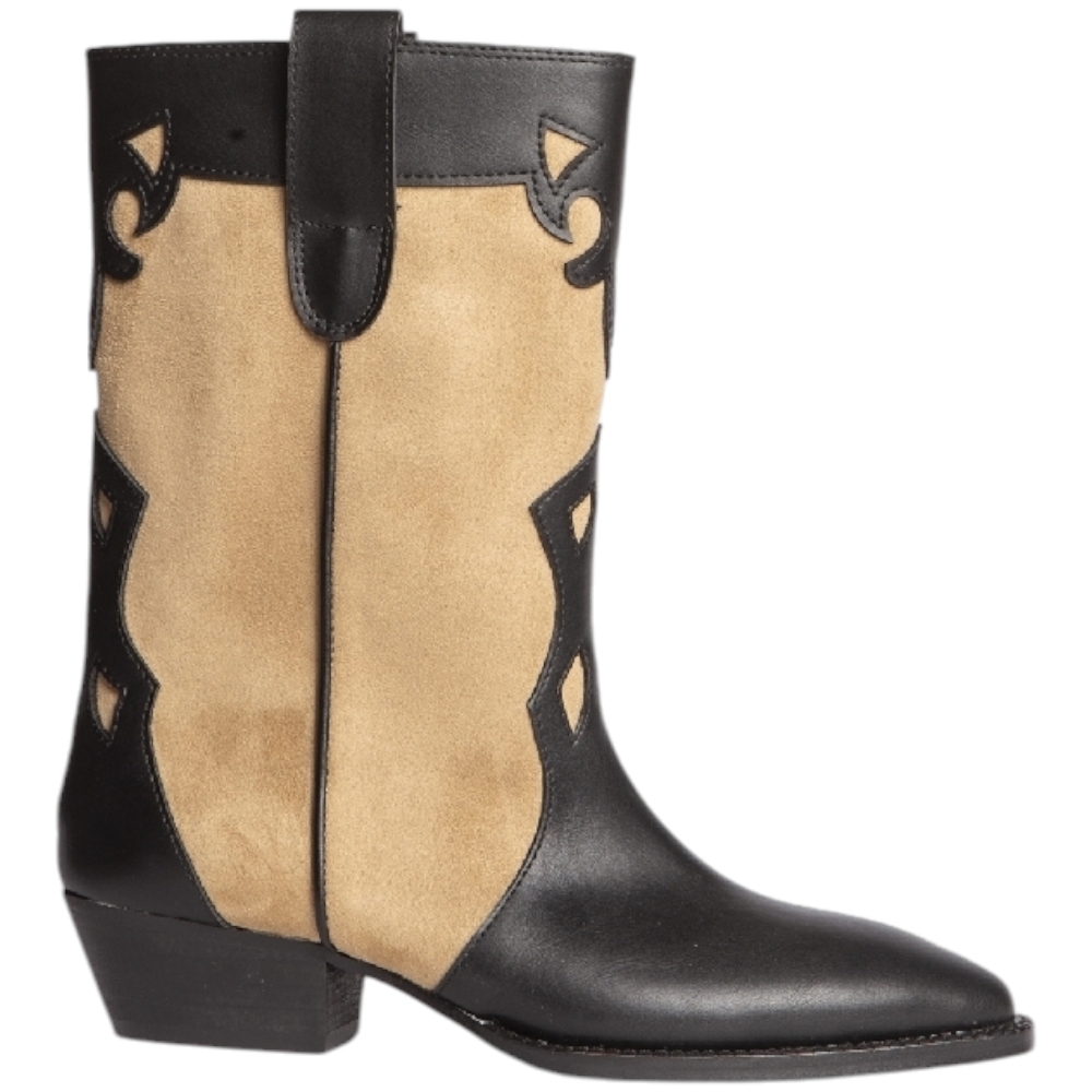 Stivali donna Western Corina M4632 in pelle e camoscio bicolore nero e beige tacco western 6cm zip meta' polpaccio basic