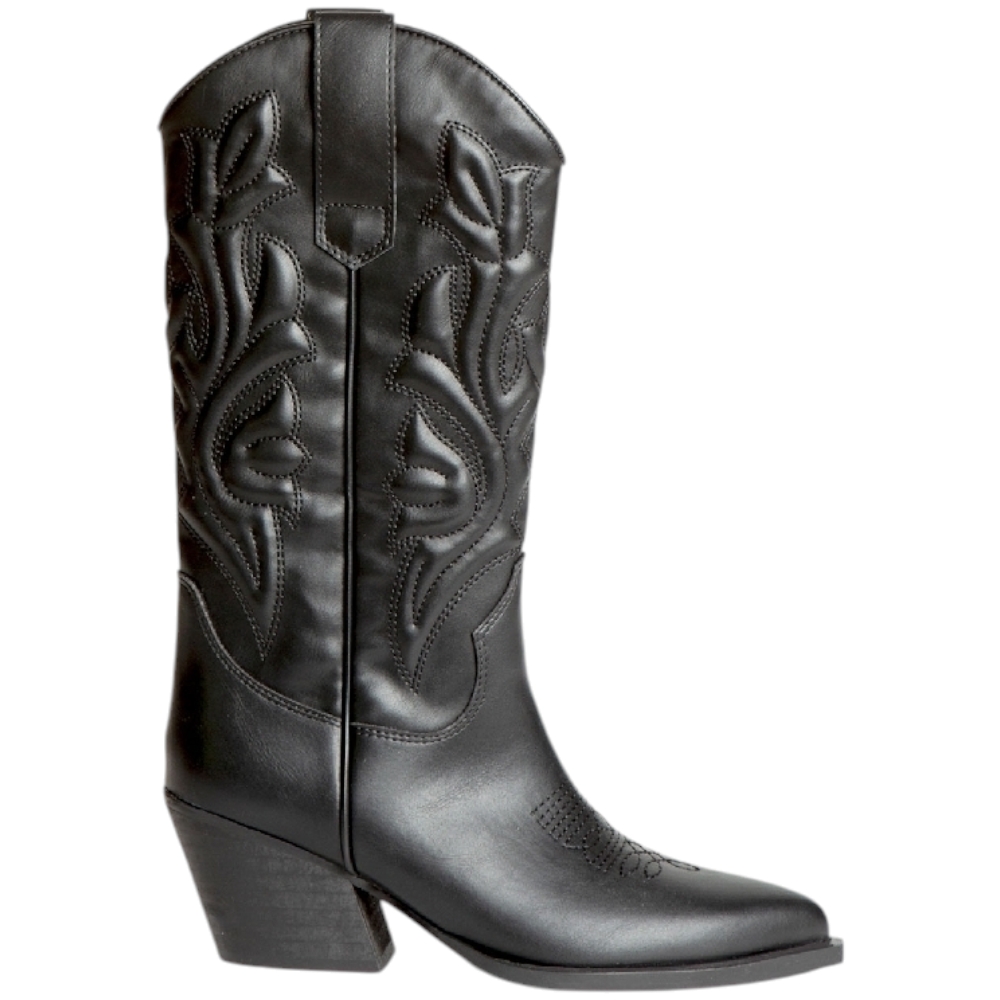 Stivali donna Western Corina M4791 in pelle nera dettagli fatti a mano con tacco western 6 cm zip al ginocchio basic.