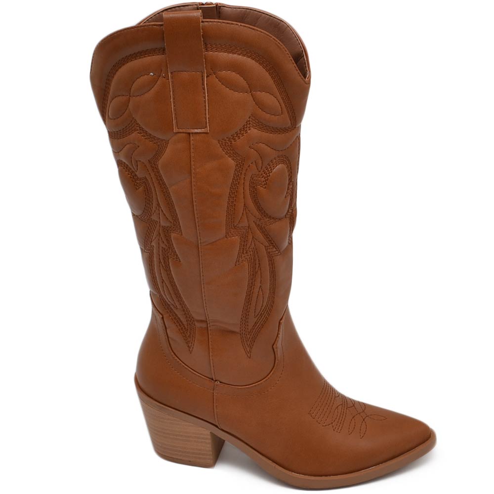 Stivali donna camperos cuoio texani stile western con cuciture in rilievo fulmine tacco legno 5 cm con zip laterale.