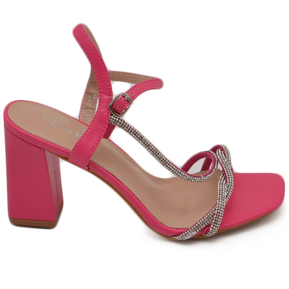 Sandalo donna ecopelle fucsia gioiello argento sabot aperto dietro con chiusura caviglia tacco 7cm incrociato sul piede