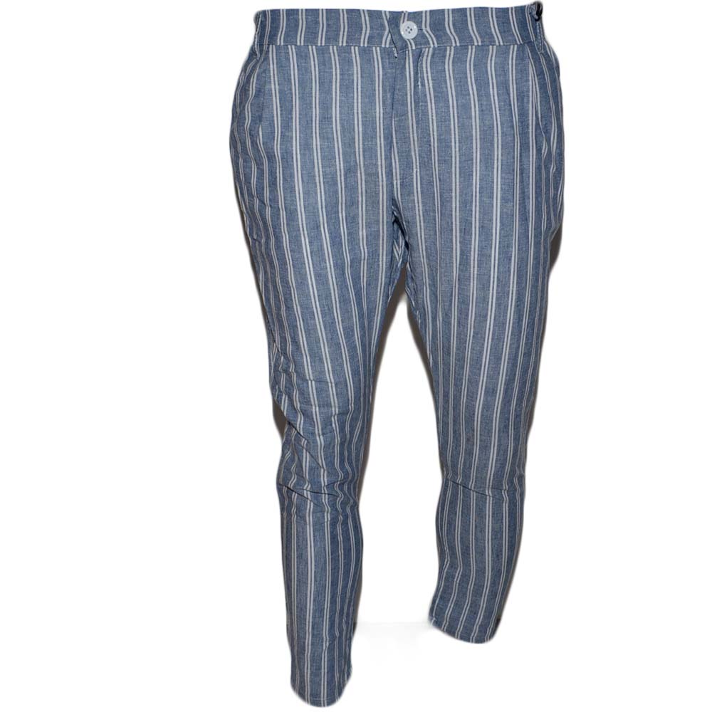 Pantalone Slim Uomo Lino Taglio Classico Fantasia Righe Tasca Americana Blu Chiaro Cotone Moda Giovanile