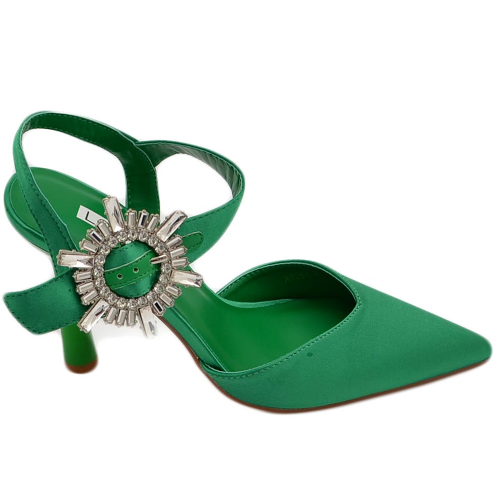 Decollete' scarpadonna gioiello in raso verde applicazione spilla cinturino alla caviglia tacco a spillo 10 comode.
