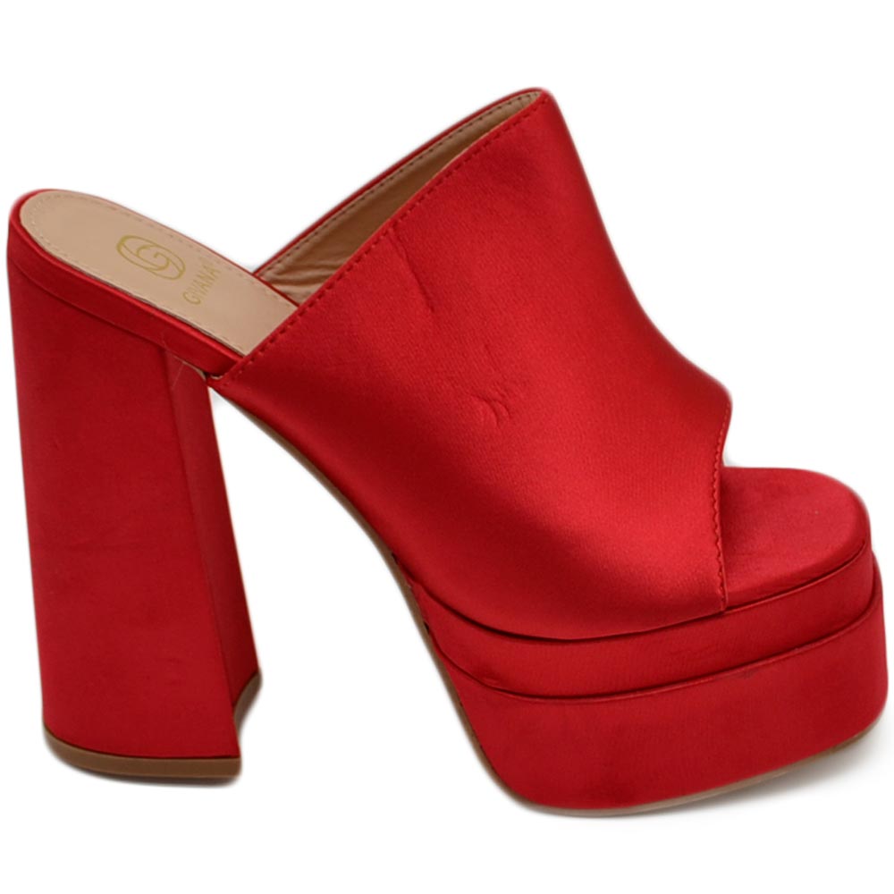 SABOT DONNA TACCO IN RASO ROSSO TACCO DOPPIO 18 CM PLATEAU 6 CM PUNTA QUADRATA OPEN TOE MODA