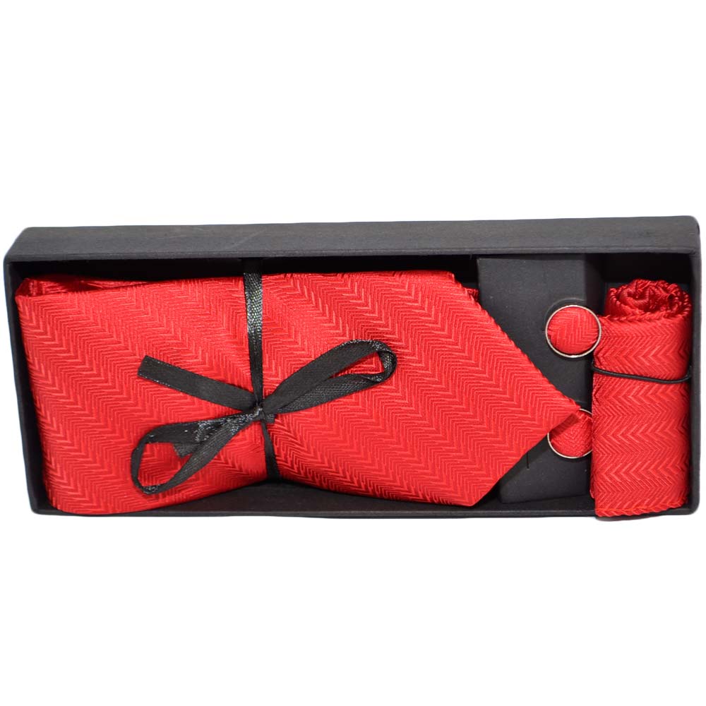 Set cravatta pochette e gemelli in cotone rosso con filigrana zigrinata confezione regalo per professionisti .