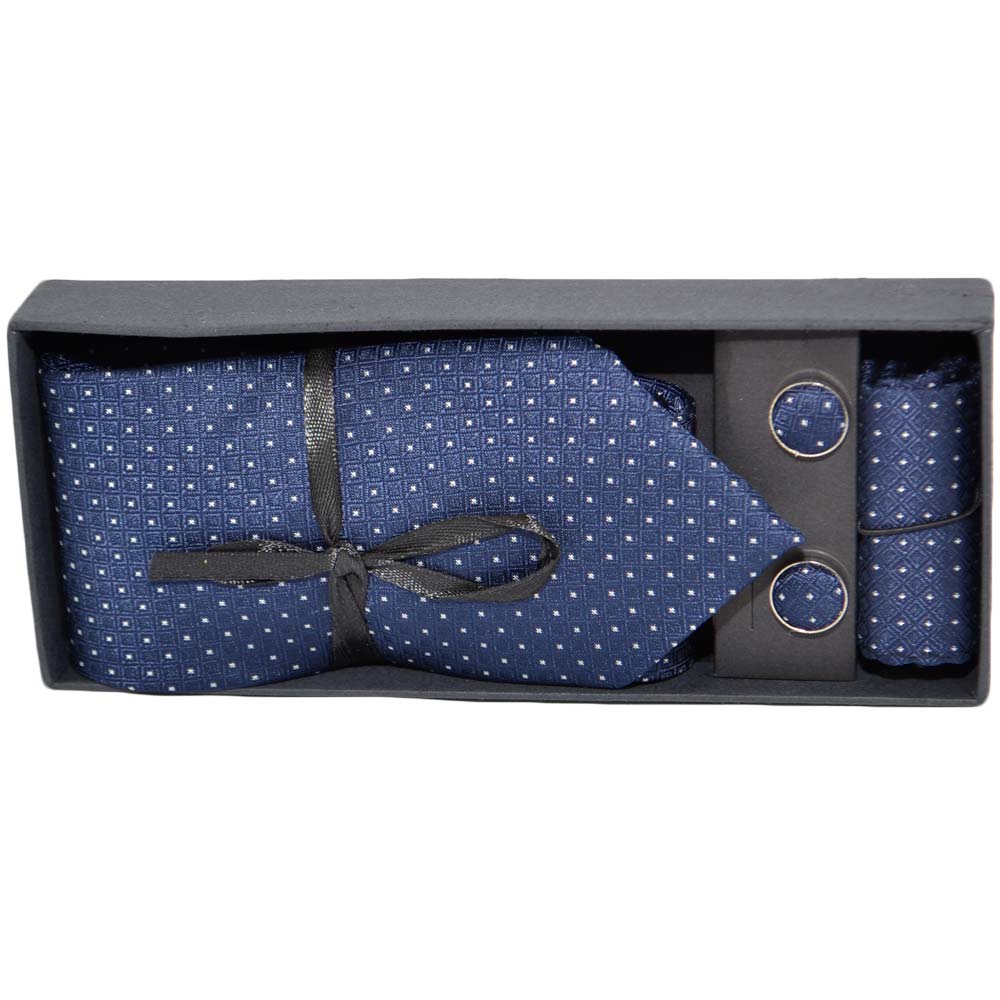 Set cravatta pochette e gemelli in cotone blu a pois confezione regalo per professionisti e collezionisti.