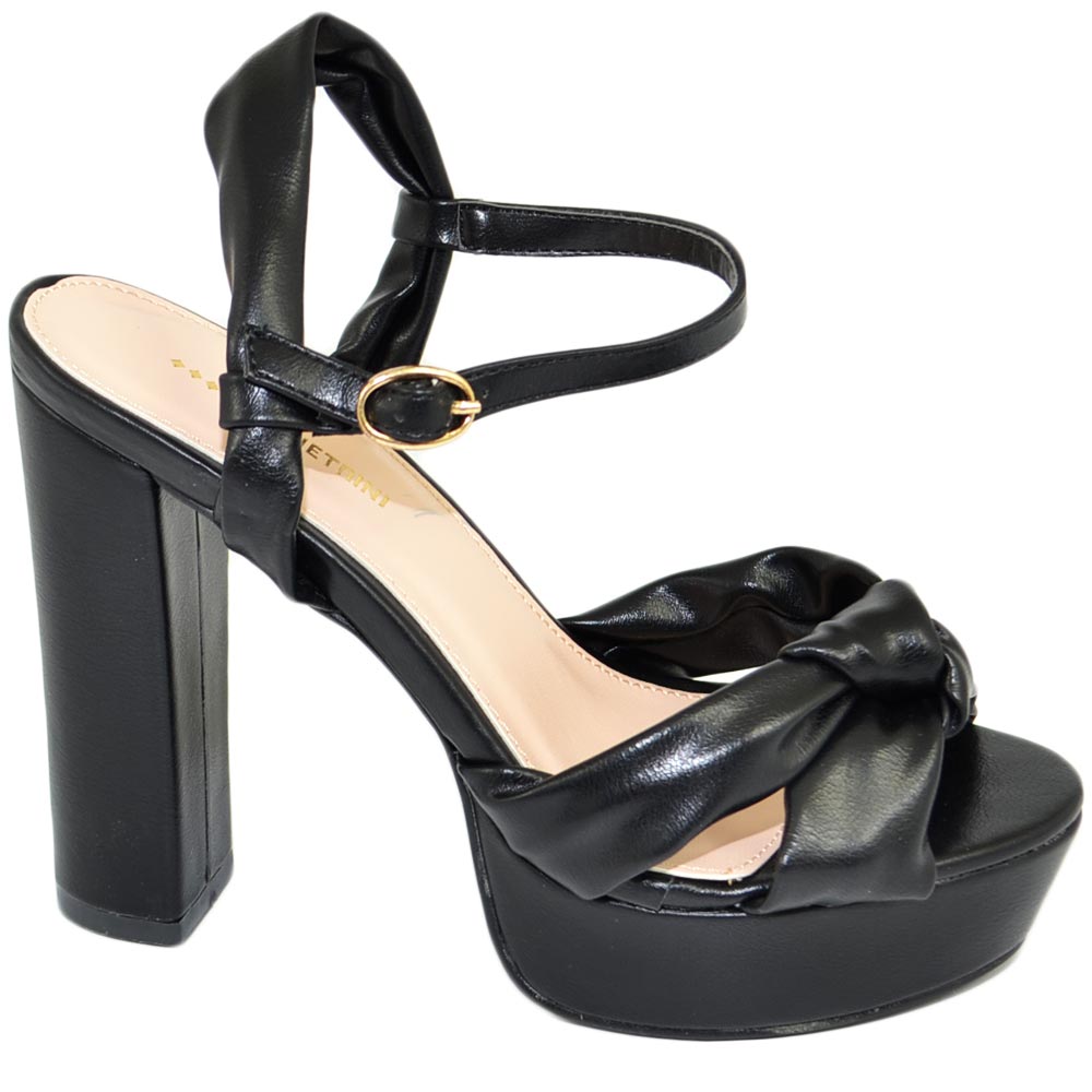 Scarpe sandalo donna nero platform  punta quadrata  tacco largo alto con fiocco e cinturino alla caviglia estate moda .