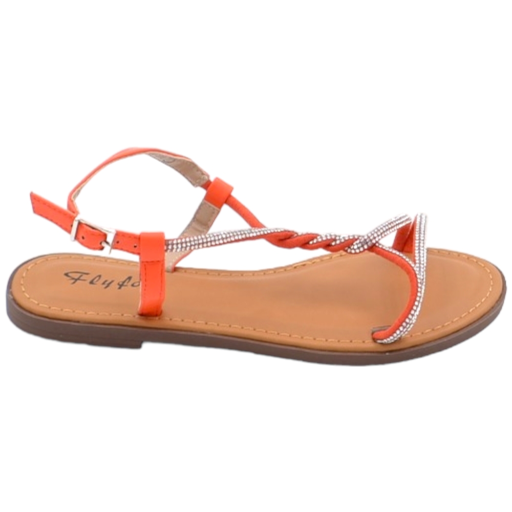 Sandalo gioiello basso donna arancione raso terra treccia centrale brillantini chiusura caviglia regolabile antiscivolo.