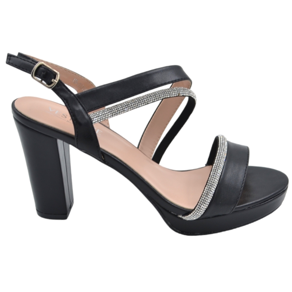 Sandalo donna gioiello comodo con tacco largo 9 cm e 2 cm plateu in pelle nero e faccetta brillantini slingback.