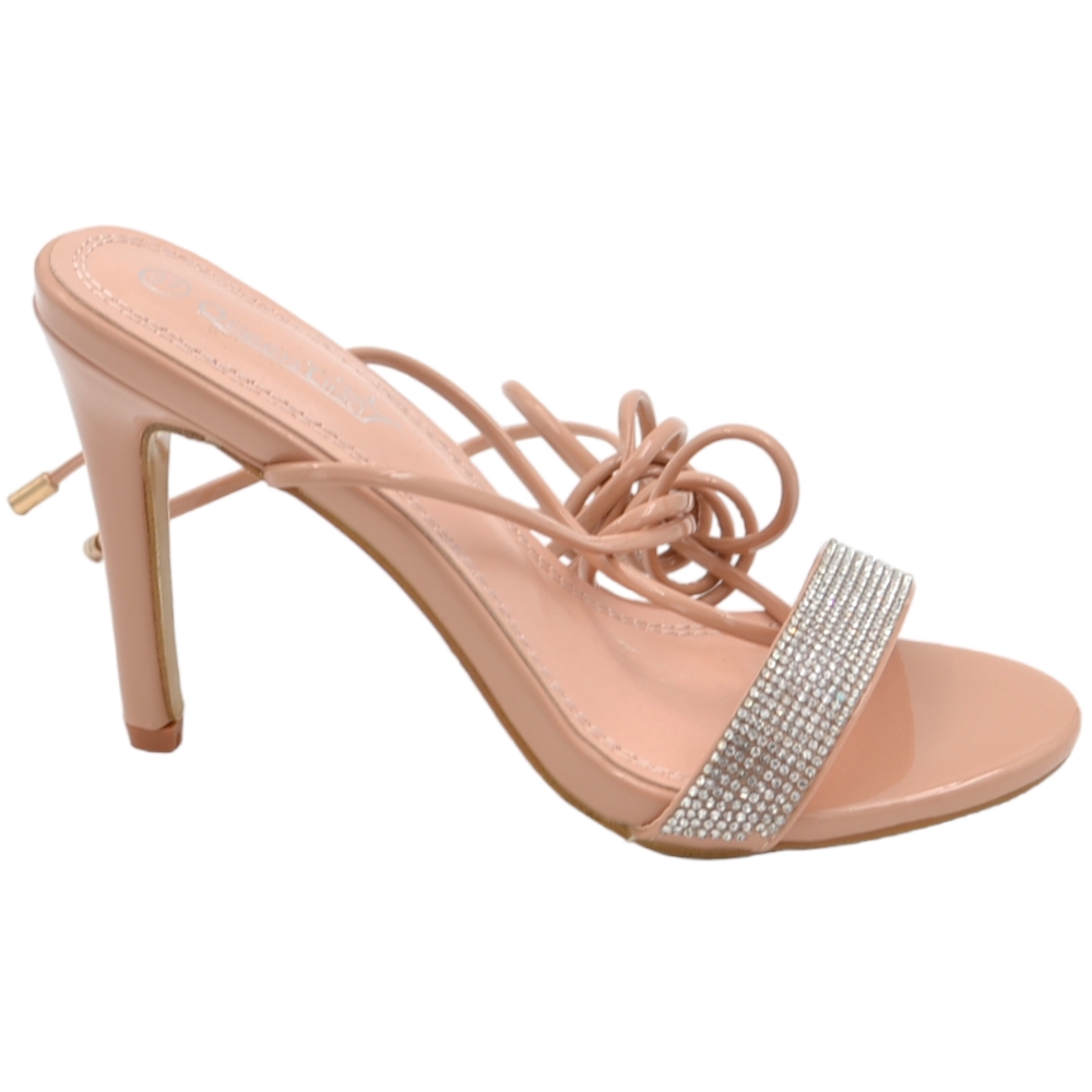 Sandali donna gioiello con tacco a spillo 10 cm in vernice nude beige lacci alla schiava fascetta brillantini.