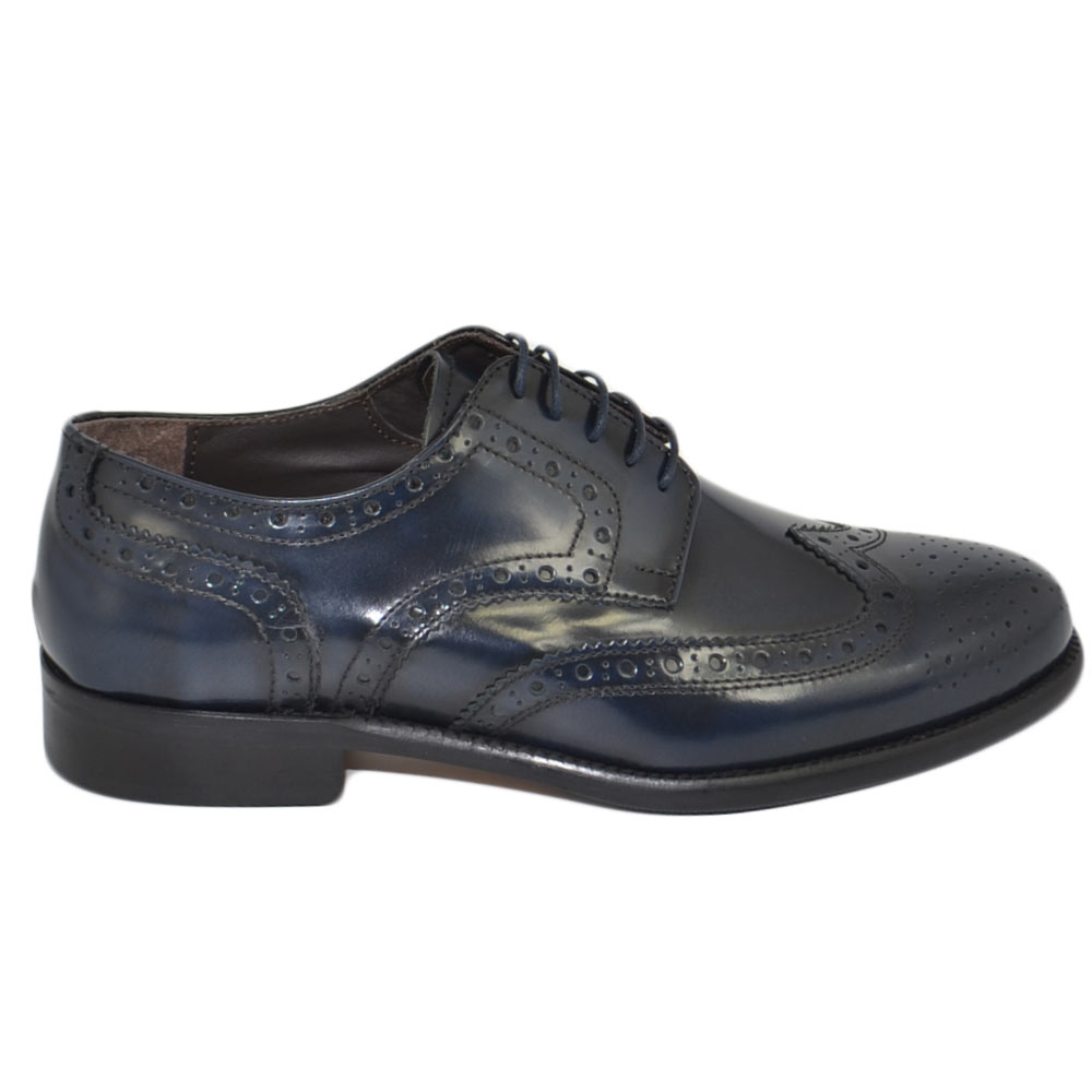 Scarpe uomo stringate francesina vera pelle abrasivata blu made in italy fondo antiscivolo vero cuoio cerimonia elegante