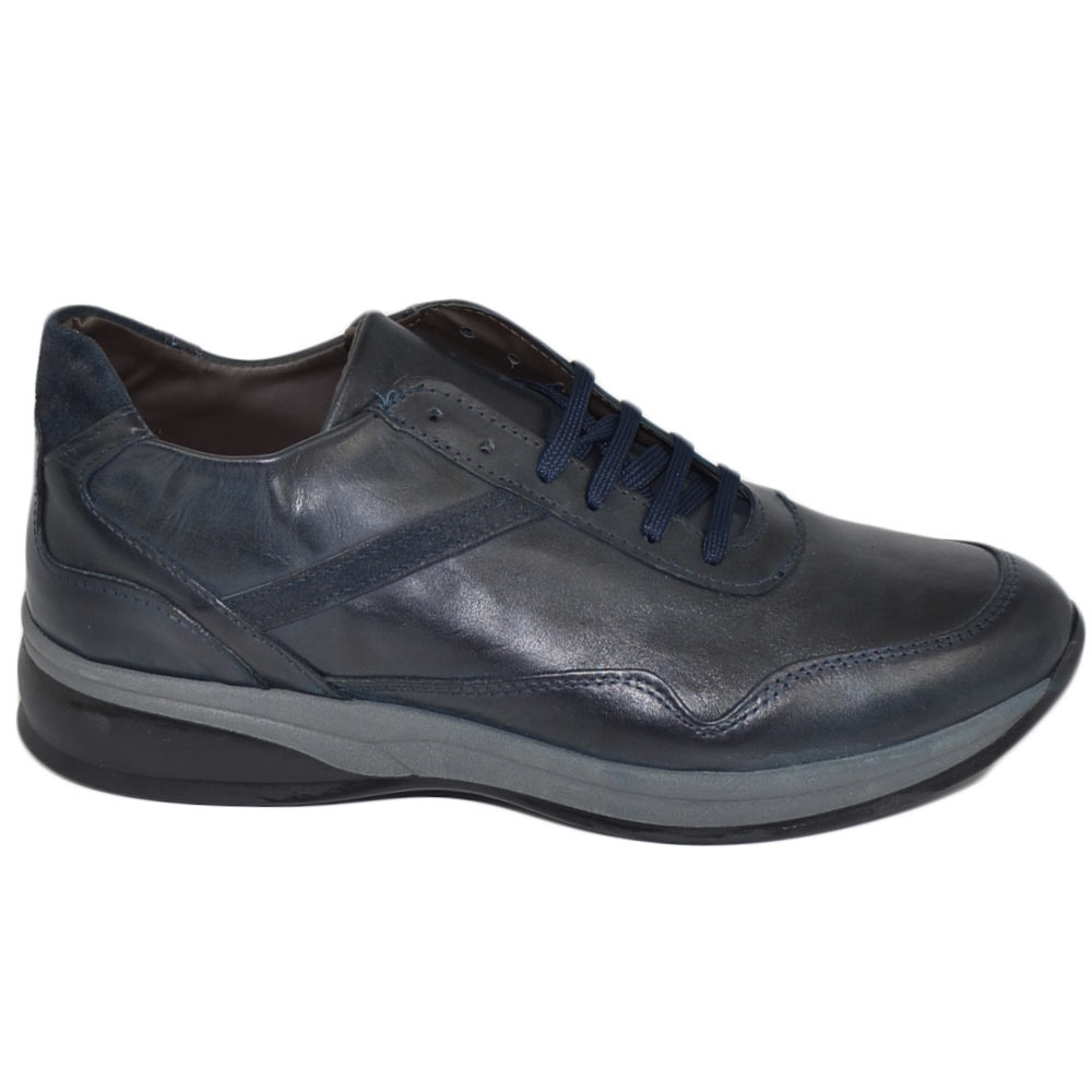 Scarpe uomo polacchino comfort passeggio eleganti blu scuro made in italy in vera pelle nappa gomma anatomica lacci