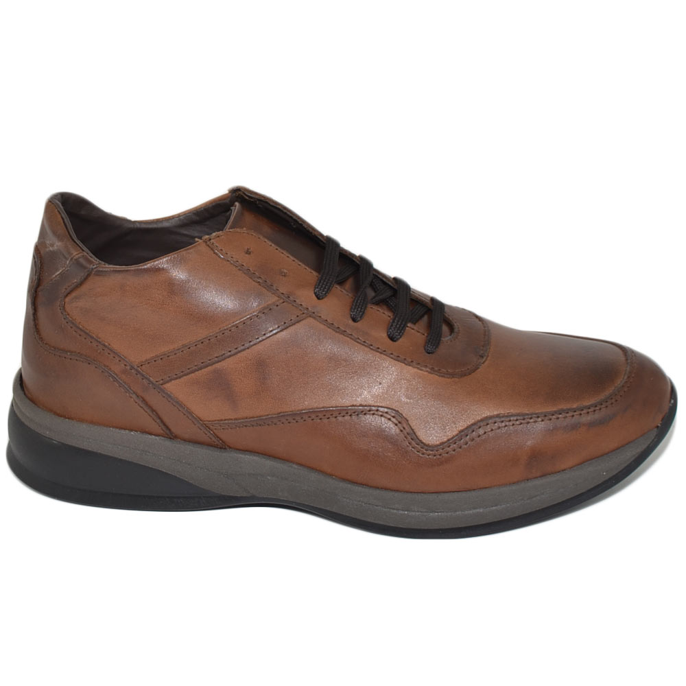 Scarpe uomo polacchino comfort passeggio eleganti marrone cognac made in italy in vera pelle nappa gomma anatomica lacci