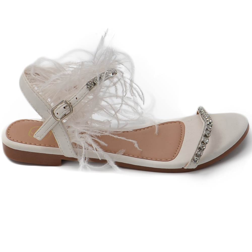 Pantofoline allacciata alla caviglia donna piume peluche con applicazioni bianco fascetta strass moda glamour.