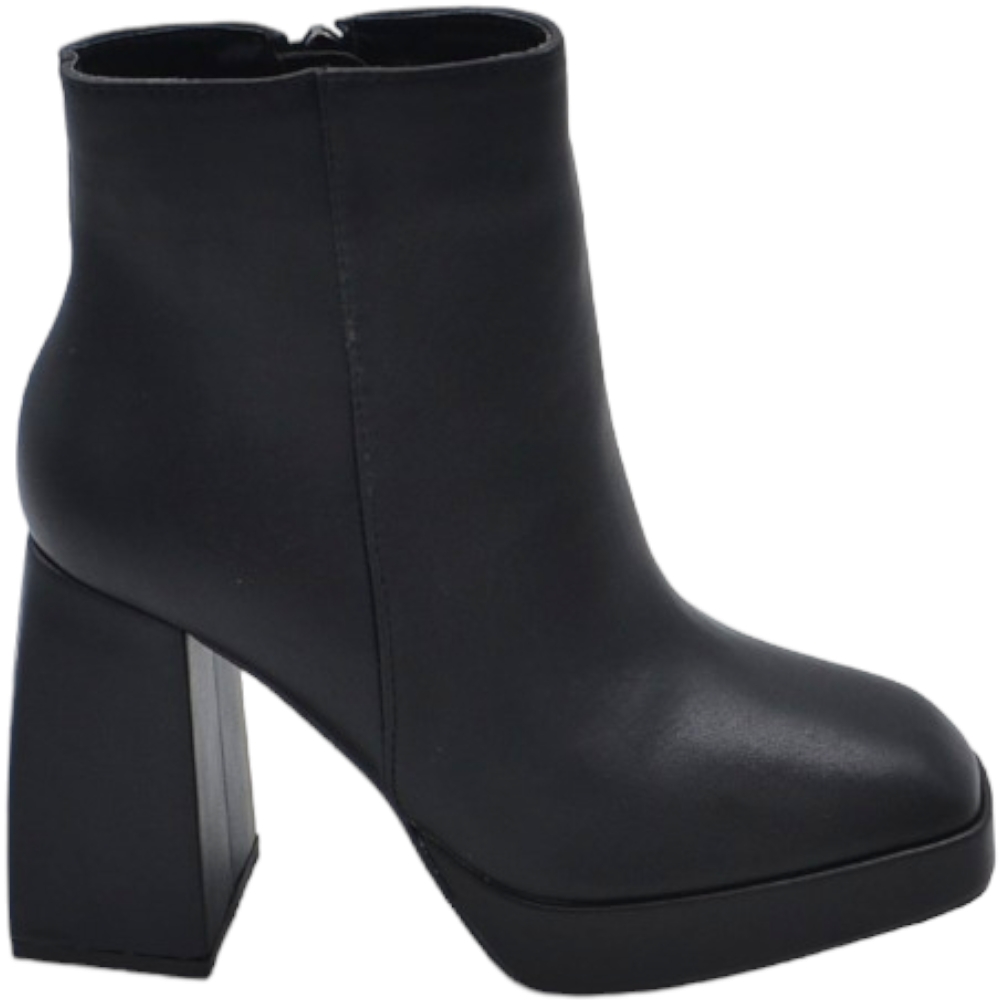 Tronchetto donna stivaletto nero punta quadrata tacco doppio 8 cm plateau zeppa 2 cm zip alla caviglia moda casual .