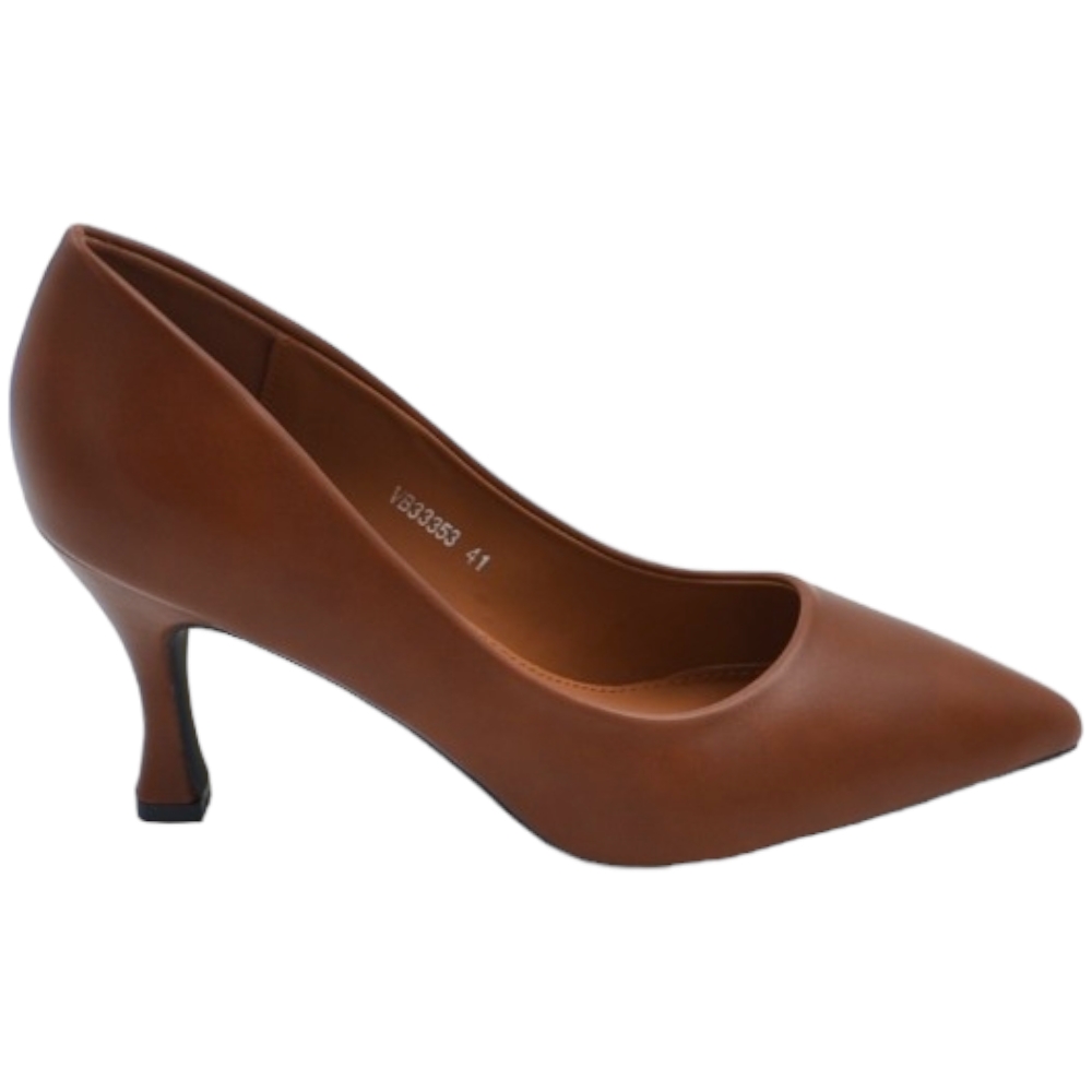 Decollete' scarpa donna a punta pelle cuoio opaca con tacco cono 7 cm comoda elegante stabile .