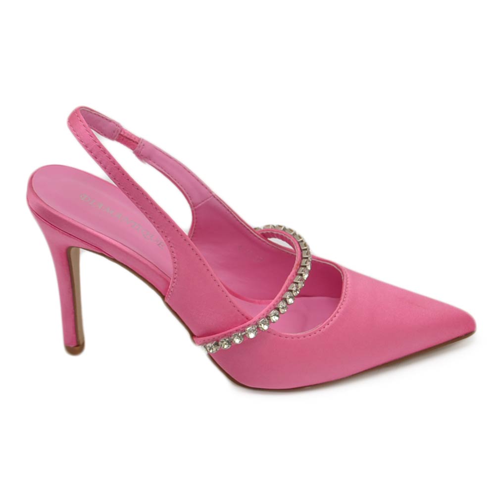 Scarpe decollete mules donna elegante punta in raso rosa candy tacco 10 cerimonia open toe dettaglio strass.