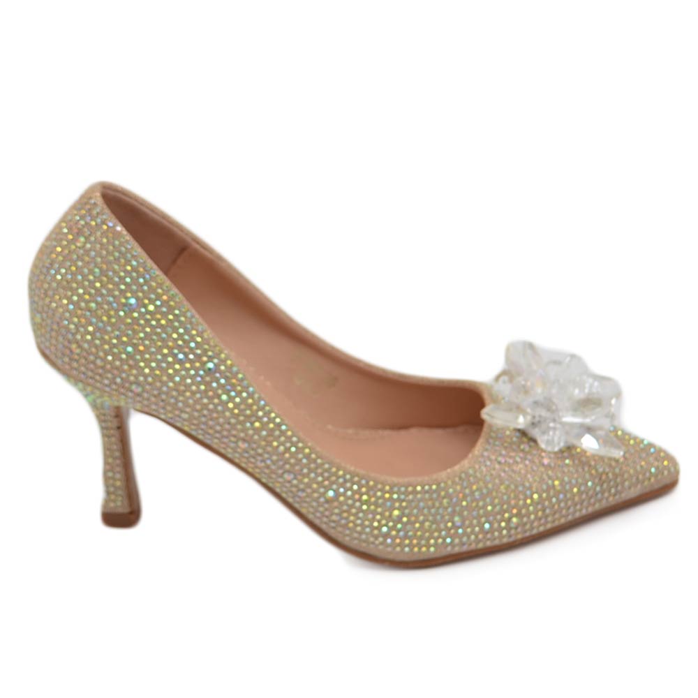 Decolette' scarpa donna gioiello spilla cristallo di ghiaccio dorato in punta tacco sottile 8 cm elegante evento.