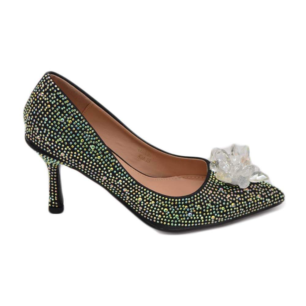 Decolette' scarpa donna gioiello spilla cristallo di ghiaccio nero in punta tacco sottile 8 cm elegante evento.