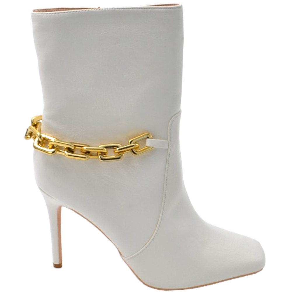 Scarpe tronchetto punta donna con tacco alto sottile 12cm e plateau 1cm alla caviglia bianco zip laterale con catena oro