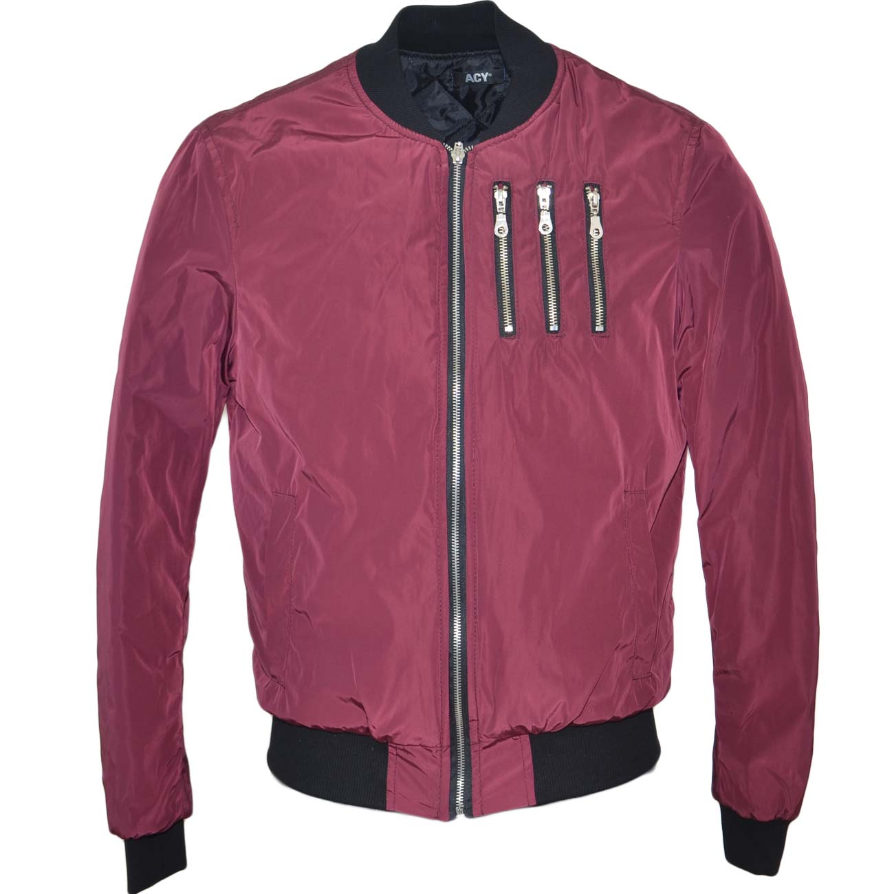 Bomber uomo imbottito bordeaux con elastico in vita e sui polsi, chiusura con zip e dettaglio zip altezza petto