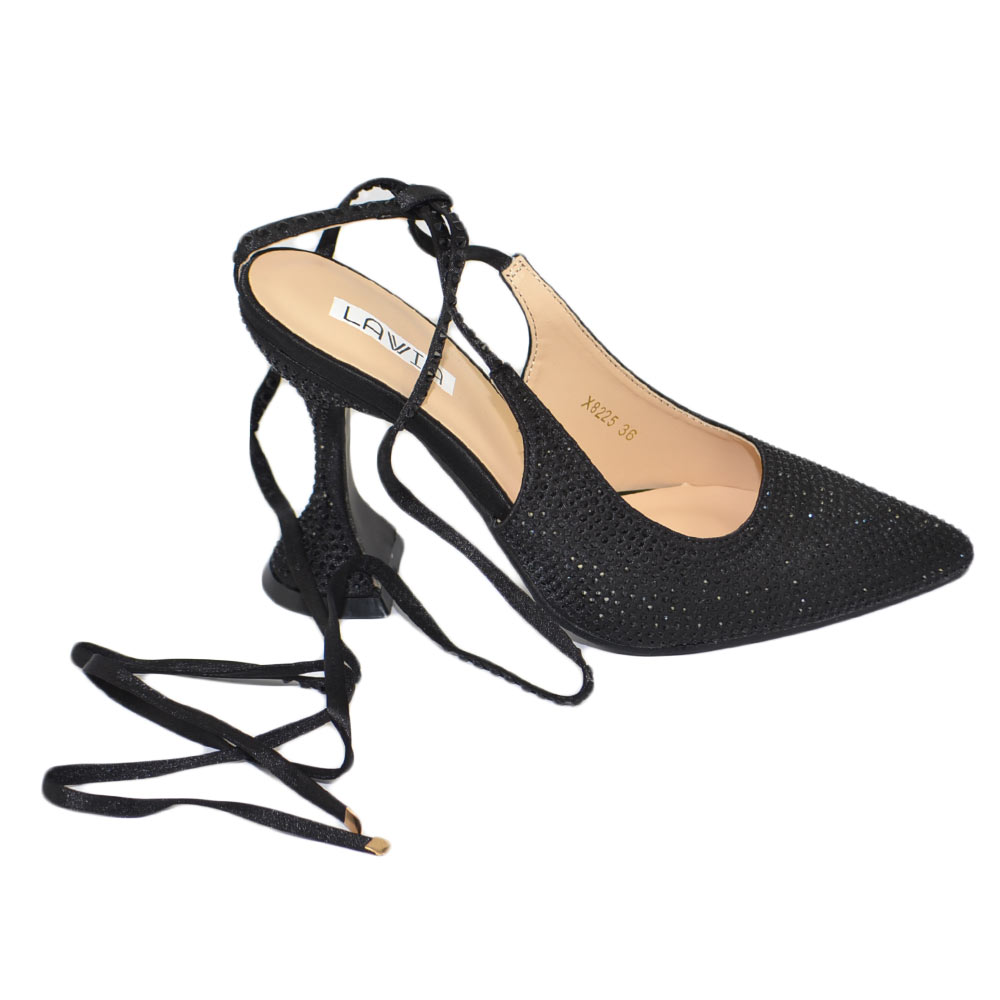 Scarpe decollete mules donna elegante punta in pelle nero con strass tacco martini 10cerimonia con allacciatura schiava .