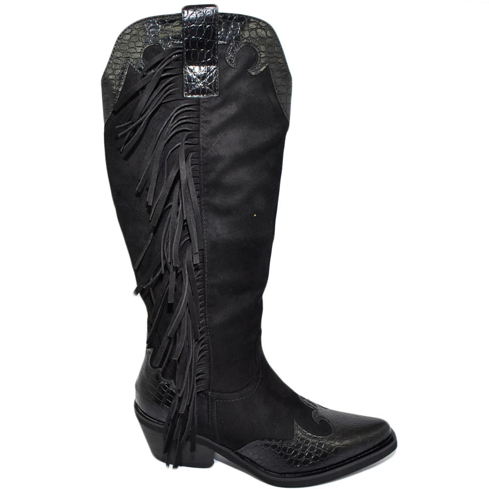 Stivali donna camperos texani stile western nero fantasia astratta pelle su camoscio tinta unita sopra ginocchio zip
